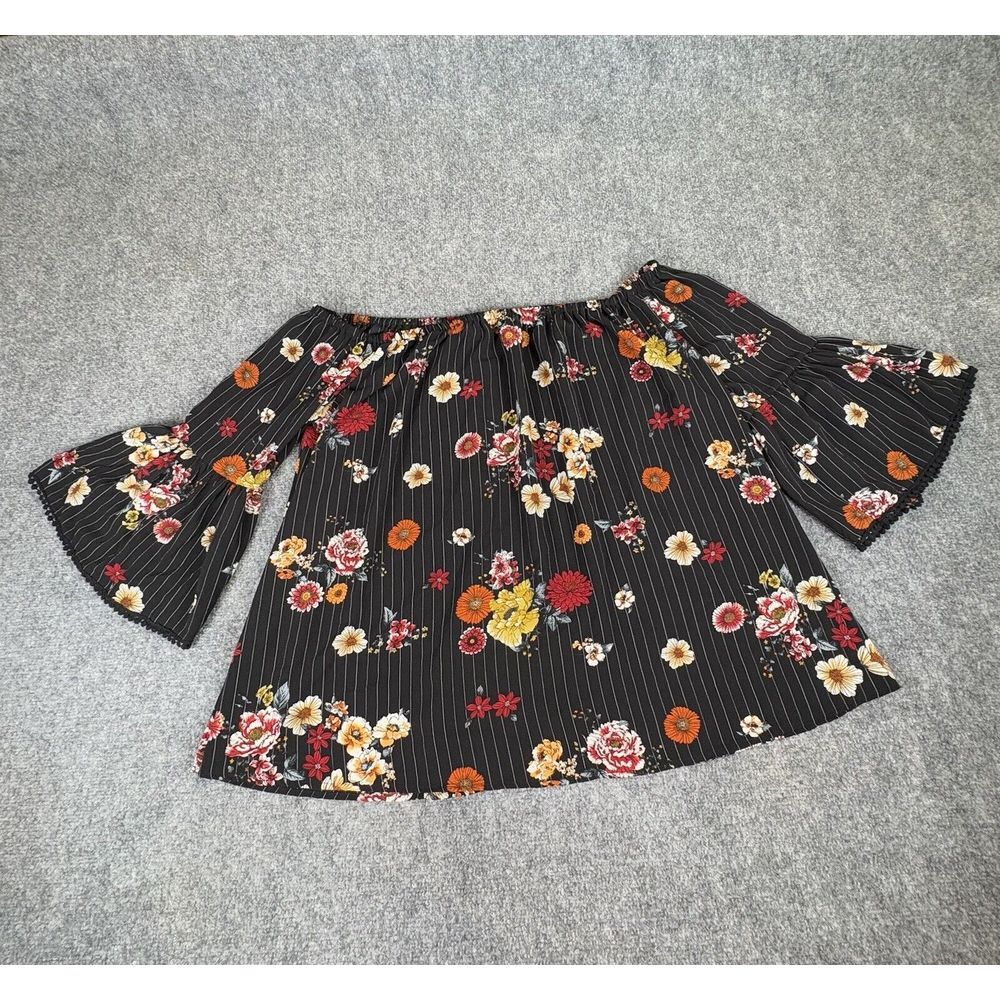 Cure‎ Blouse Women 3XL Black Floral Off Shoulder Pom Trim Boho Dark Fairy Grunge